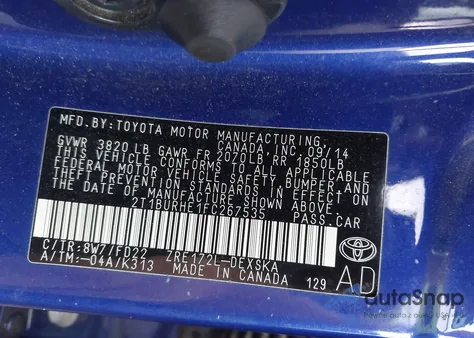 2015 Toyota Corolla S z USA, uszkodzony, nr VIN 2T1BURHE1FC267535